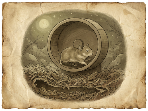 Hamster running on wheel in naturalistic enclosure — vintage illustration