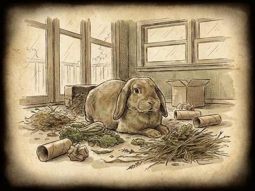 Lop-eared rabbit free-roaming with hay and enrichment — vintage illustration