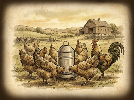 Backyard hens at poultry waterer — vintage illustration