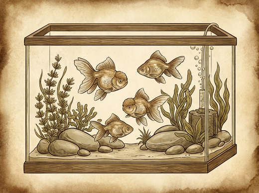 Fancy goldfish in large filtered aquarium — vintage illustration