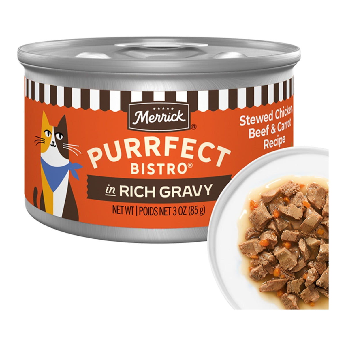 Merrick Cat Purrfect Bistro Delicious Premium High Protein Stewed Chicken Beef And Carrot Recipe In Gravy 3oz. (Case of 24)
