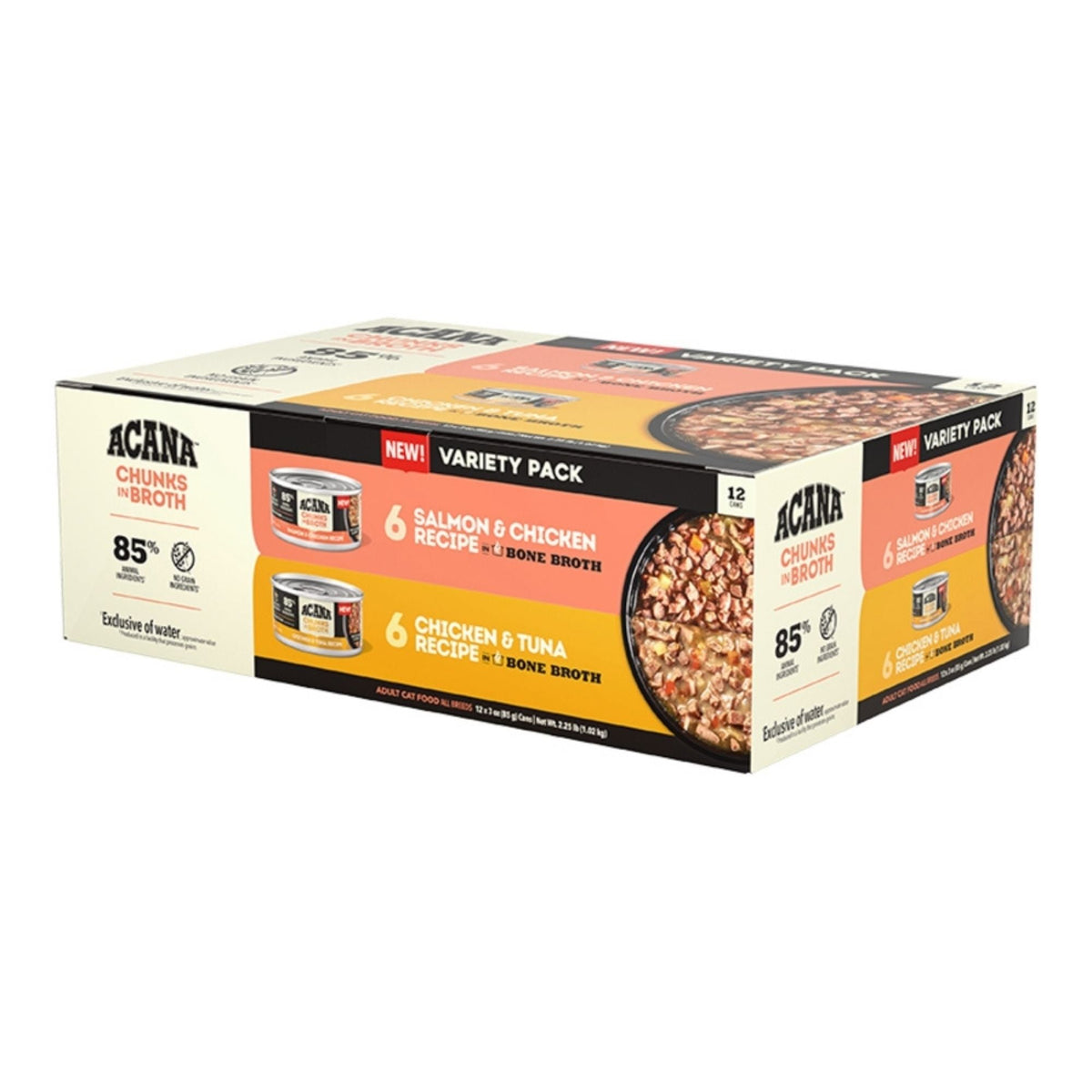 Acana Cat Grain Free Chunks In Broth Variety - 12 Pack : Salmon & Chicken Recipe (6) + Chicken & Tuna Recipe (6) 3oz.