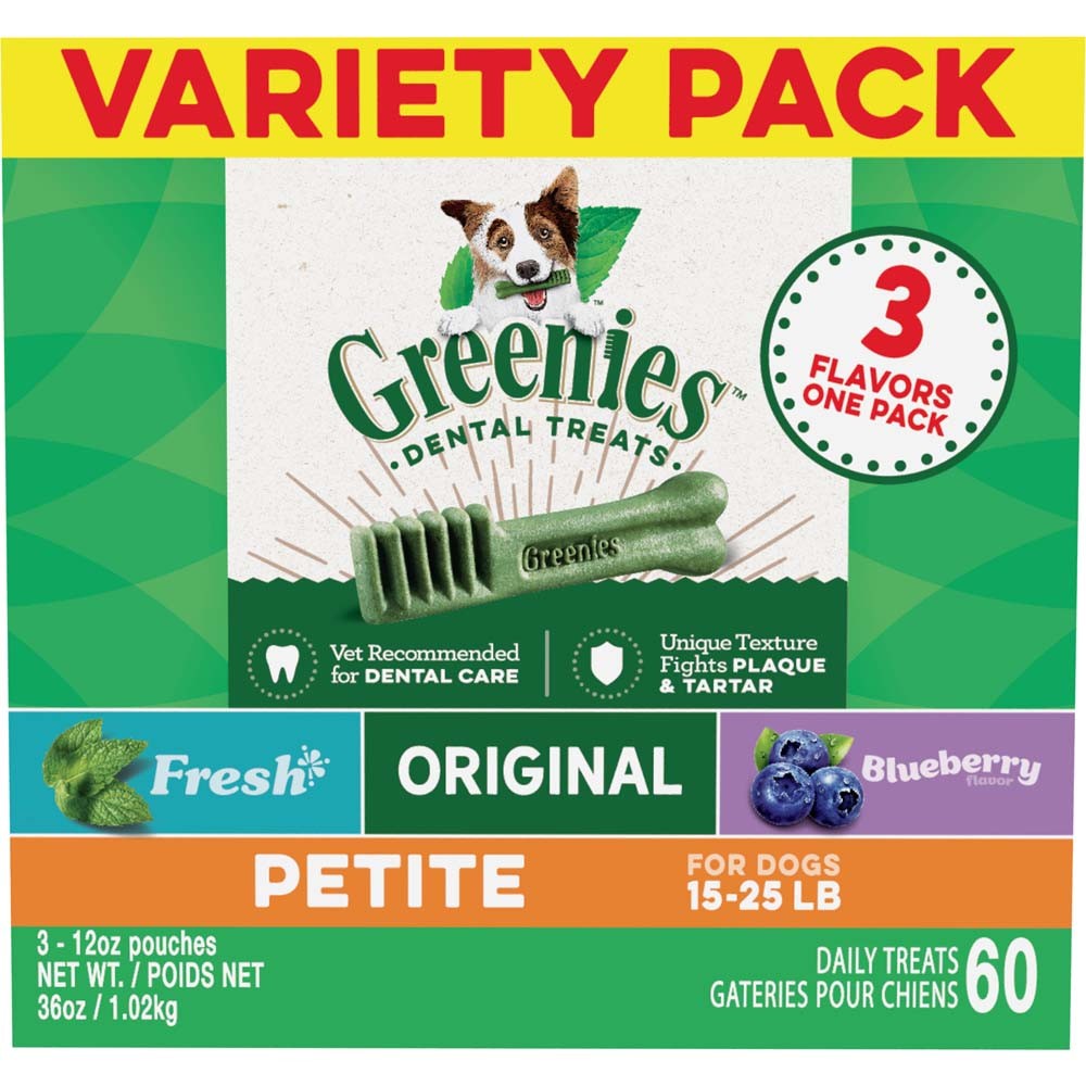 Greenies 3Flavor Variety Pack Dog Dental Treat Petite, 1ea/36 oz, 60 ct