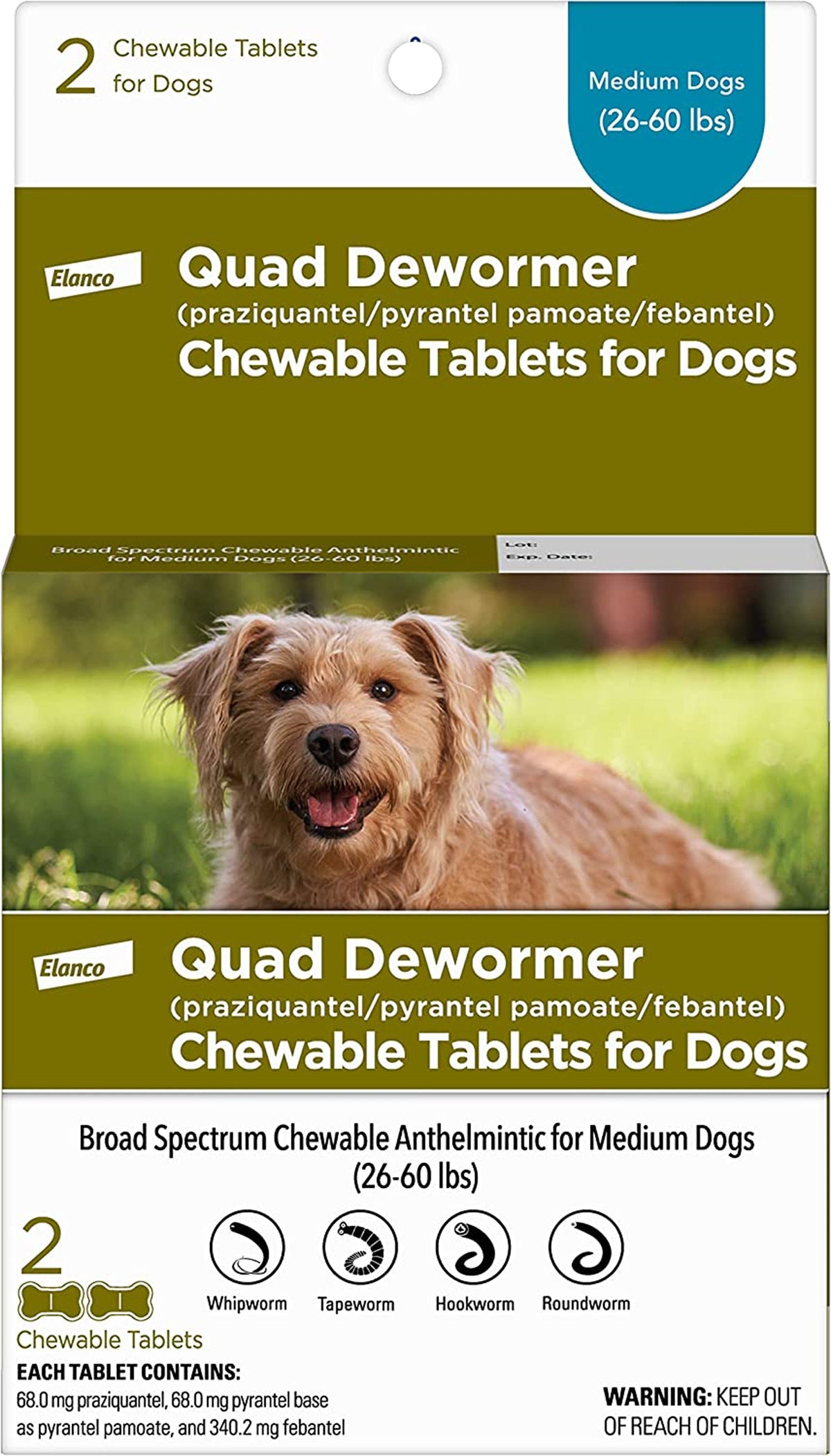 Elanco Chewable Quad Dewormer Medium Dog 26-60lbs, 2pk