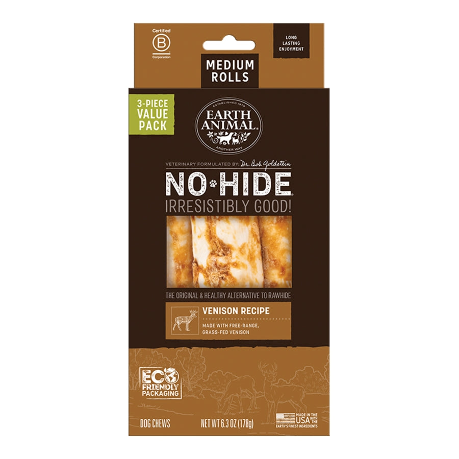 EARTH ANIMAL DOG NO-HIDE VENISON ROLLS MEDIUM VALUE 3 PACK
