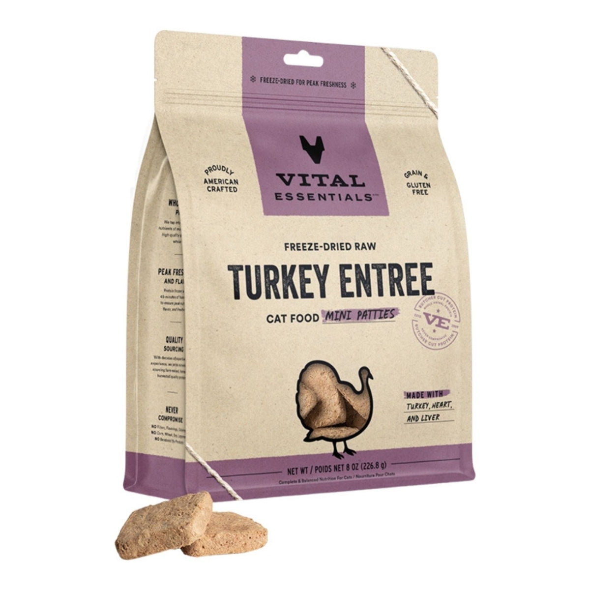 Vital Essentials Cat Freeze-Dried Raw Grain Free Turkey Entree Mini Patties 8oz.
