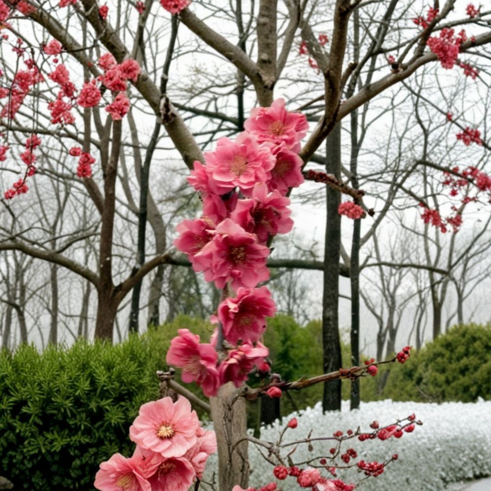 Crimson Cascade Weeping Flowering Peach Tree - Prunus persica Live Tree 4-6 Feet Tall