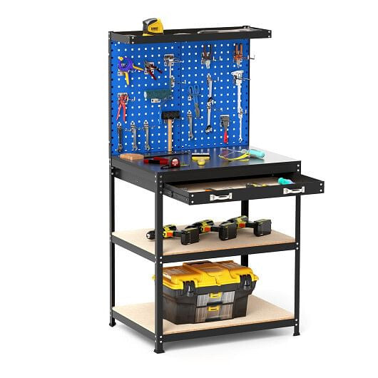 32 x 16 Inch Workbench Work Table with 2 PCs Pegboard Drawer and Shelves-Black