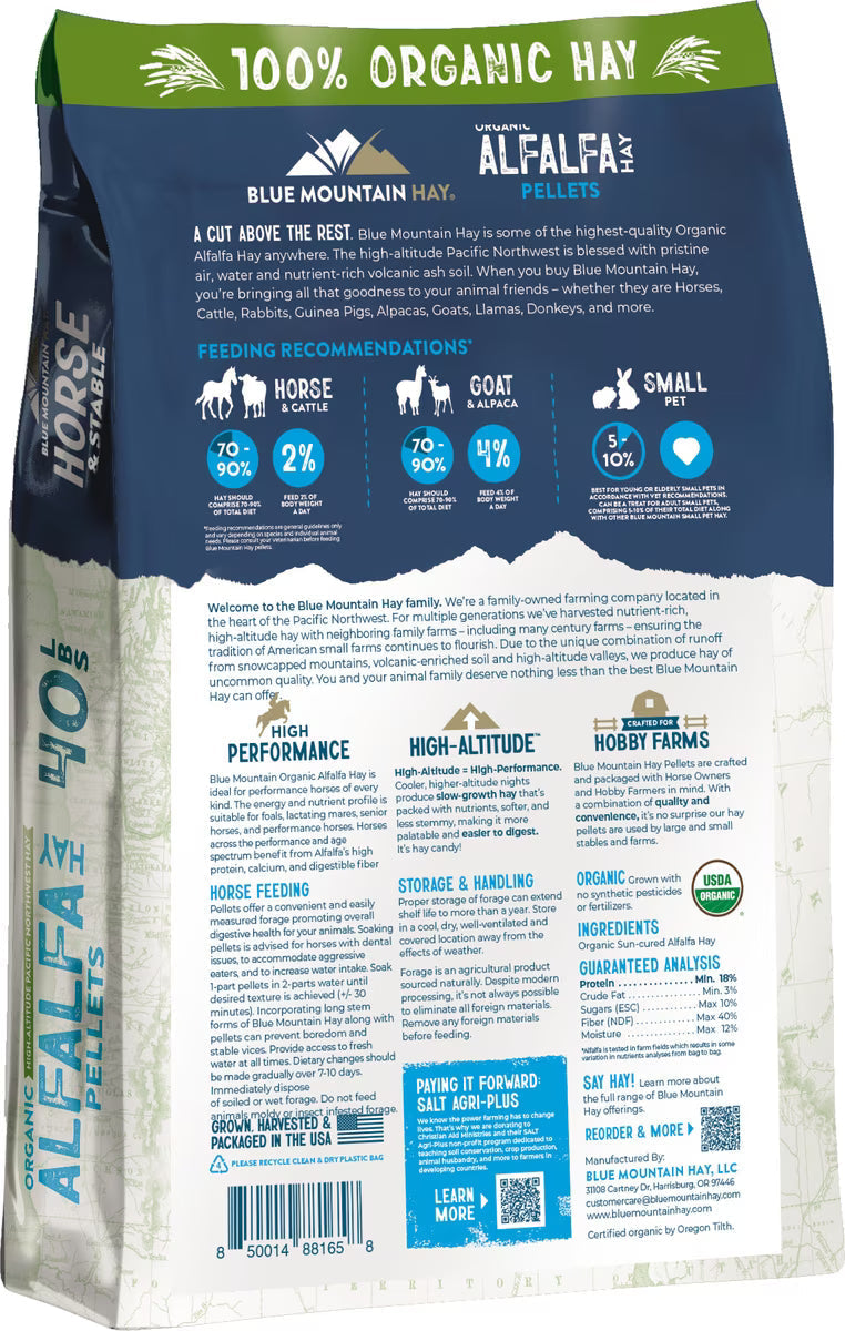 Blue Mountain Hay High-Altitude Organic Alfalfa Hay Pellets Horse Feed, 40-lb