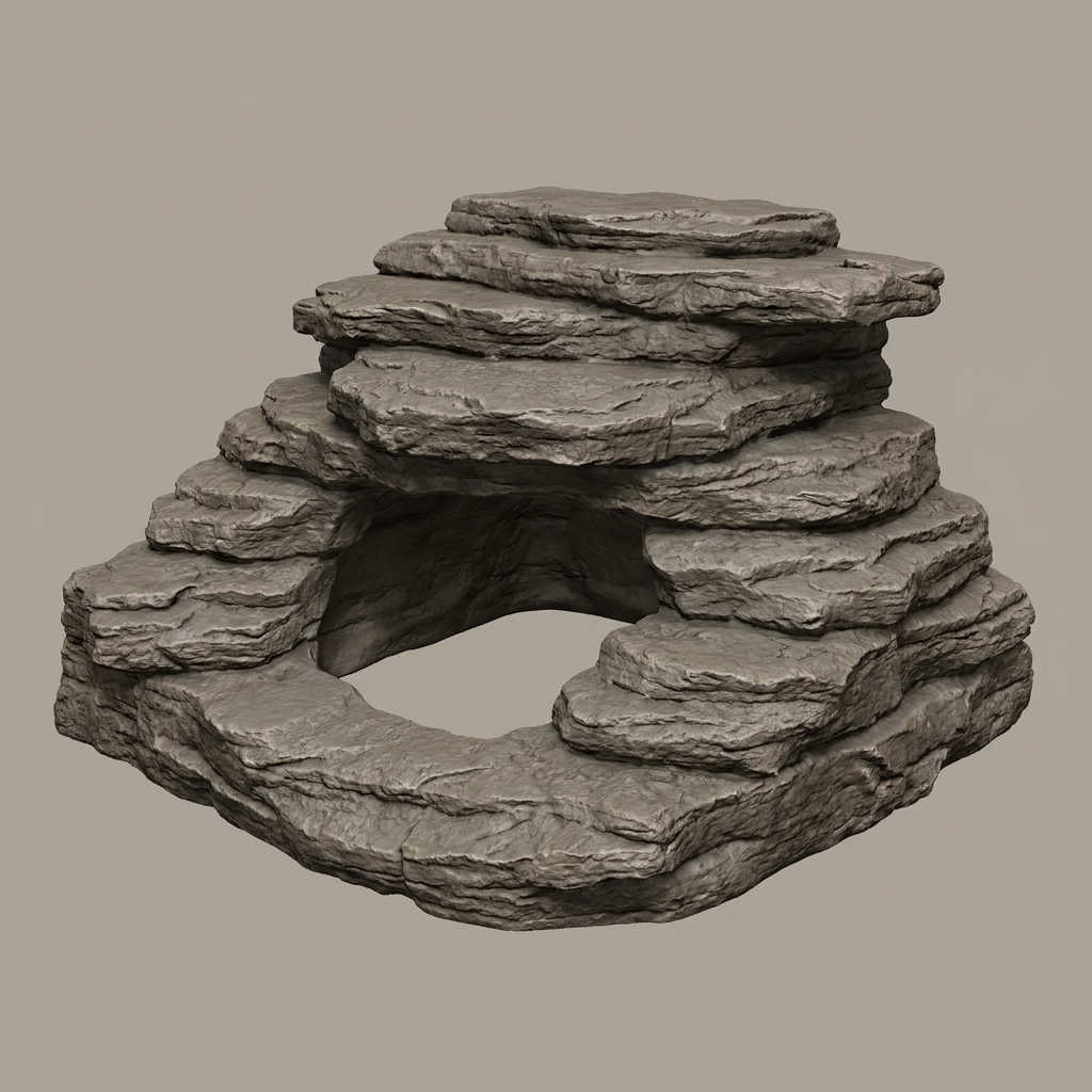 deep rocky cave hide for reptiles and snakes, it lookes like ledges of sedimentary rock, its long and wide, one staunch opening with some extra head space in the interior. its ready to 3d print with minimal supports Digital product
