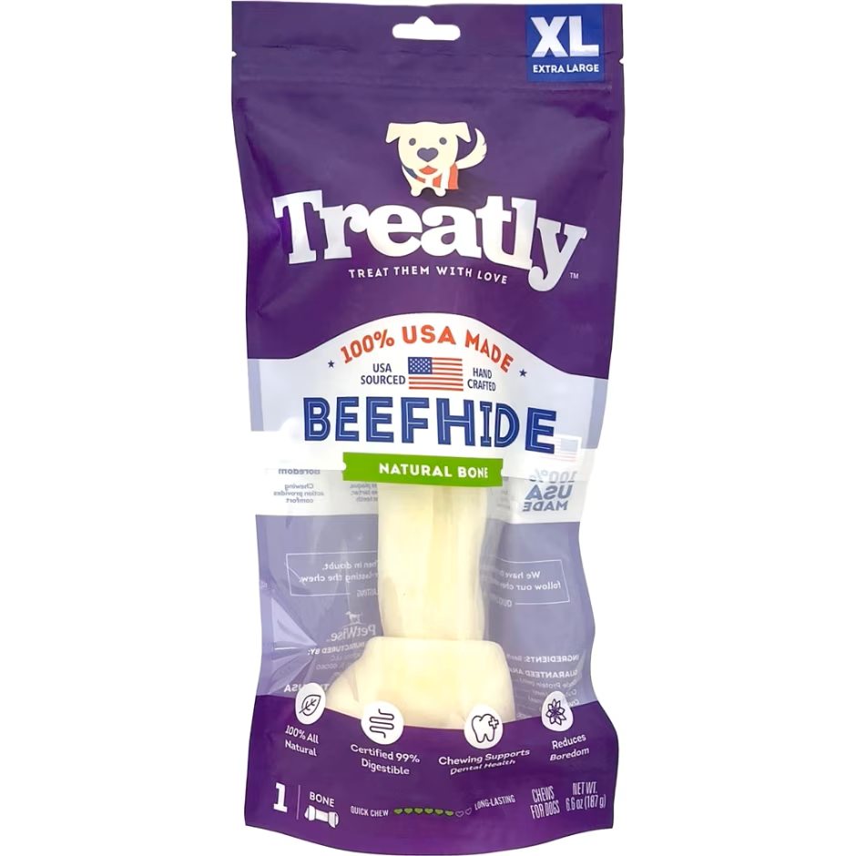 Treatly 100% USA Beefhide Bone with Header Card Natural 11in. 1 Pk