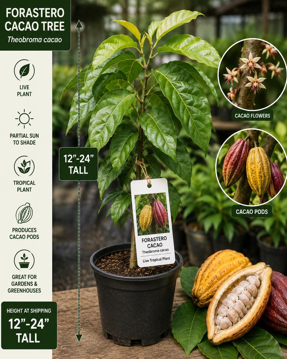 Forastero Cacao Plant – Live Tropical Theobroma cacao Seedling – Edible Evergreen Plant for Greenhouse & Garden
