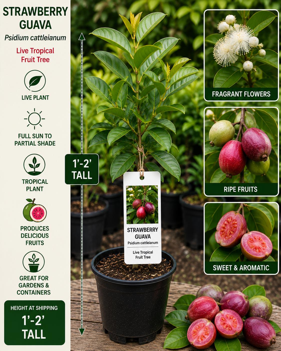 Strawberry Guava Live Fruit Tree 1–2 Feet Tall – Psidium cattleianum, Tropical Edible Landscape Plant