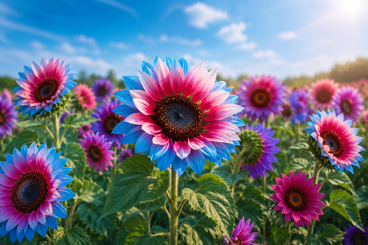 Rare Twin-Blossom Sunflower Seeds - 50pcs Heirloom Blue Over Pink Helianthus annuus for Garden, Cut Flowers, Pollinator Attractant