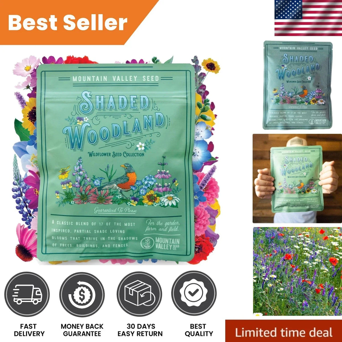 Wildflower Seed Mix 3 Oz – Non-GMO Shade & Pollinator Attracting Wildflower Seeds for Gardens
