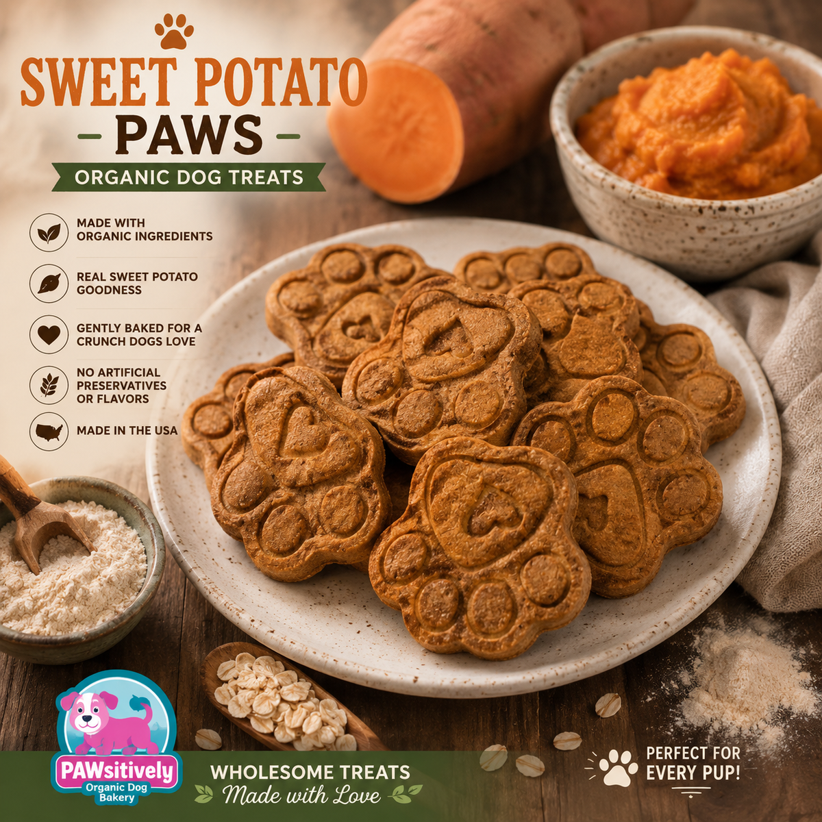 Sweet Potato Paw Dog Treats | Organic Handmade Dog Cookies (All-Natural, Human-Grade)