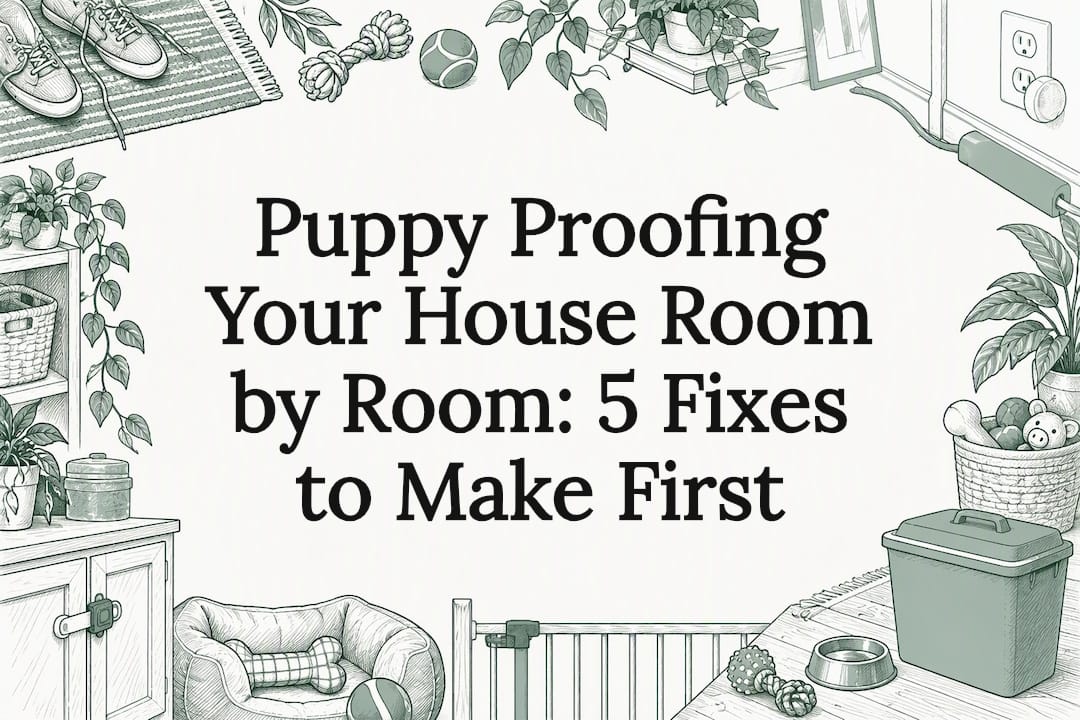 Puppy-proofing title card with household sketches