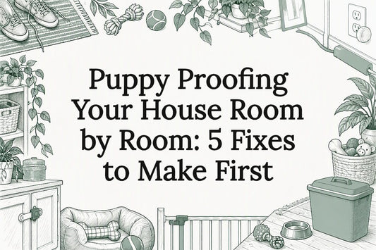 Puppy-proofing title card with household sketches