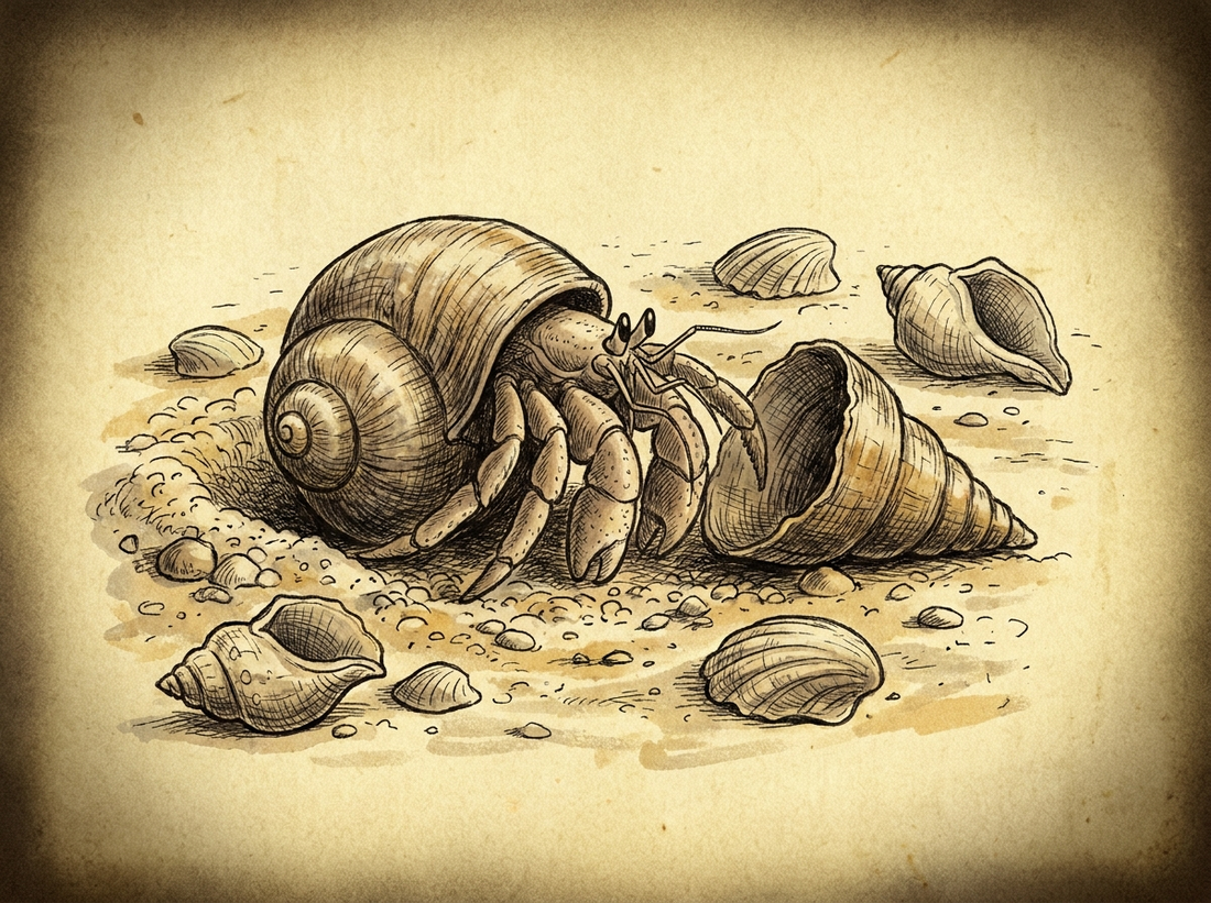 Hermit crab changing shells — vintage illustration