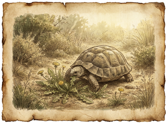 Hermann's tortoise grazing in naturalistic outdoor enclosure — vintage illustration