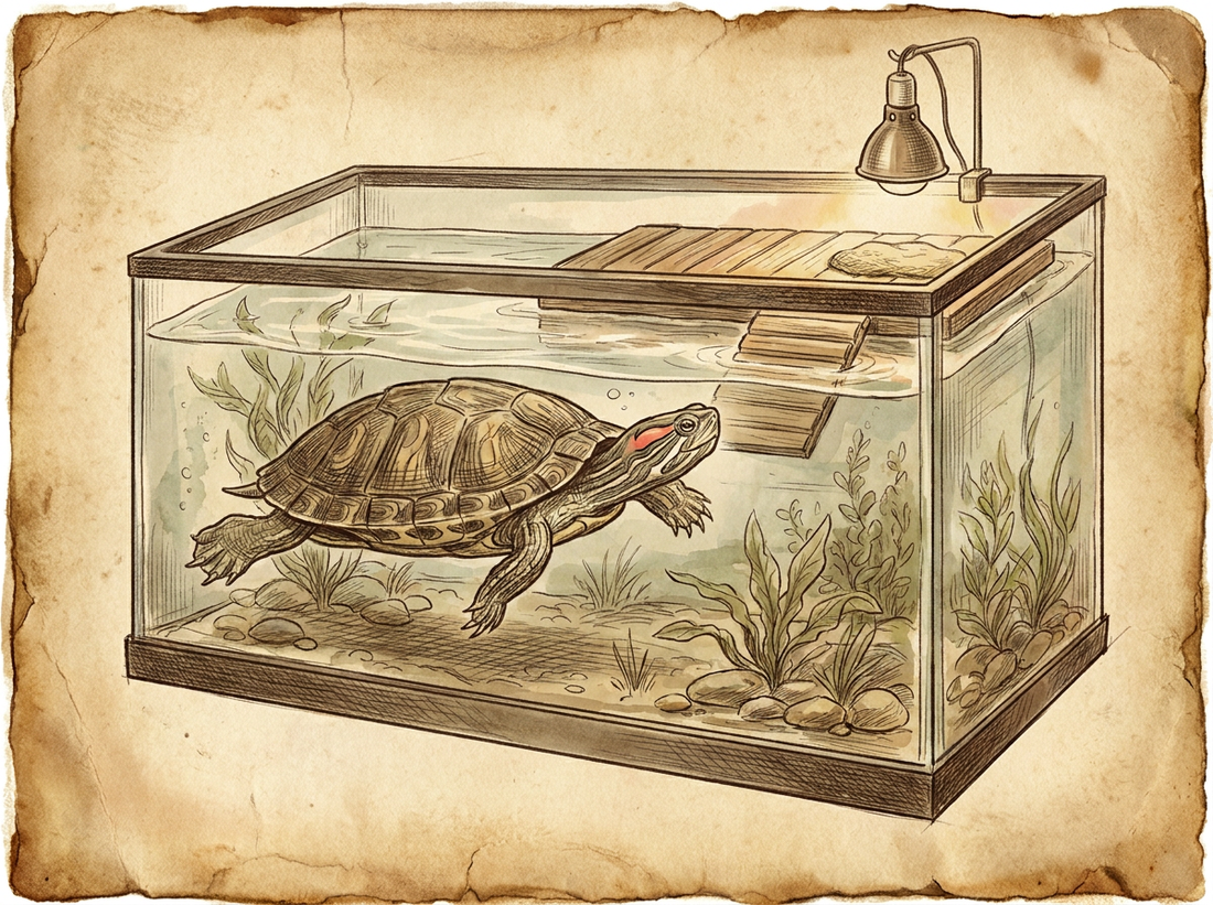 Red-eared slider swimming in large clean aquarium — vintage illustration