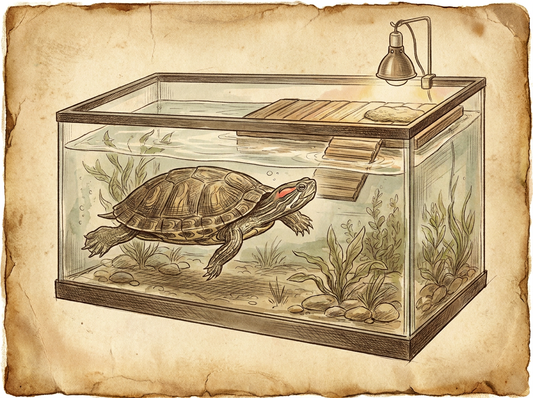Red-eared slider swimming in large clean aquarium — vintage illustration