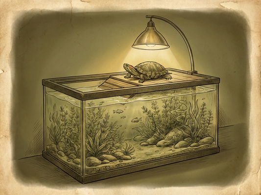 Red-eared slider basking under heat lamp — vintage illustration
