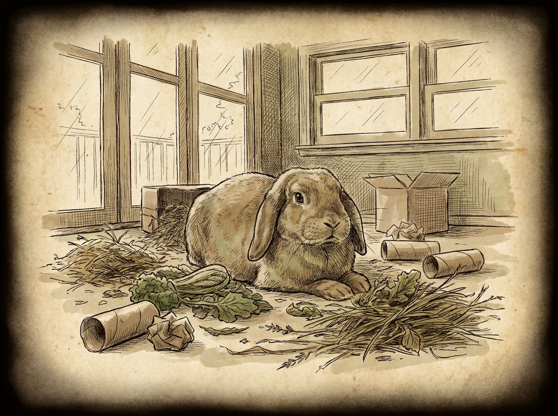 Lop-eared rabbit free-roaming with hay and enrichment — vintage illustration