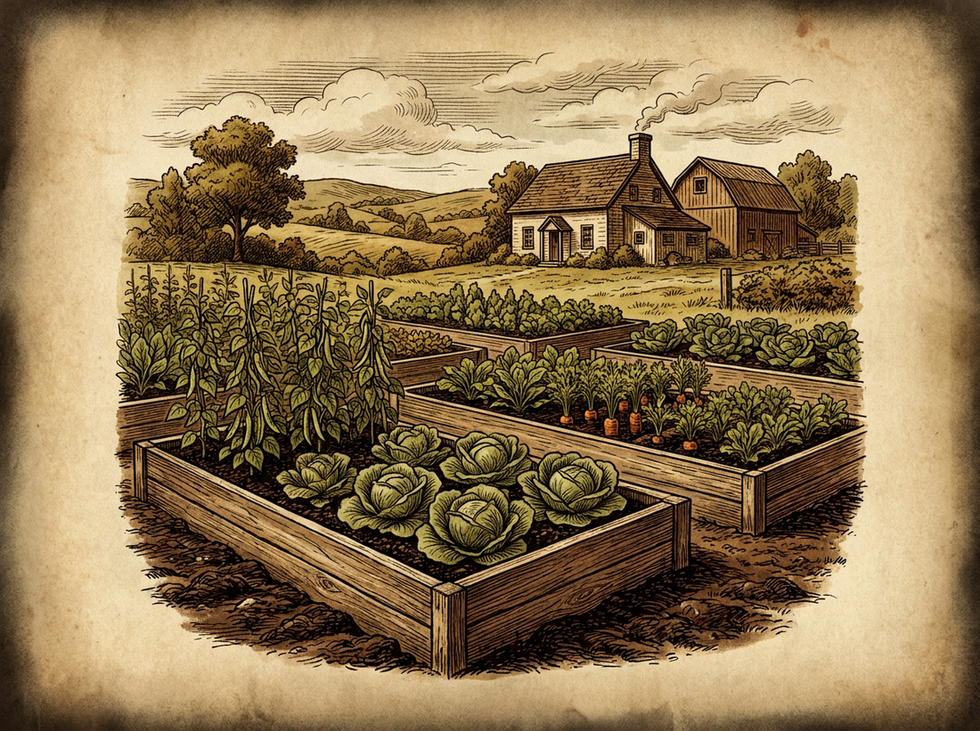 Productive raised bed kitchen garden — vintage illustration