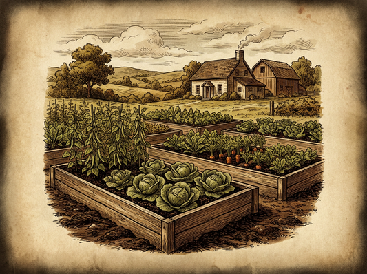 Productive raised bed kitchen garden — vintage illustration