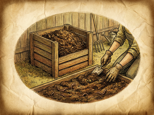 Rich compost being applied to garden bed — vintage illustration