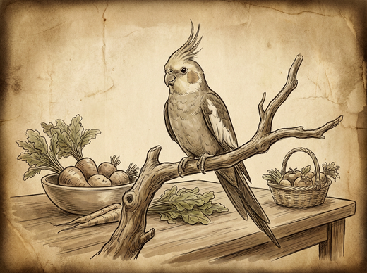 Cockatiel on natural perch with fresh food — vintage illustration