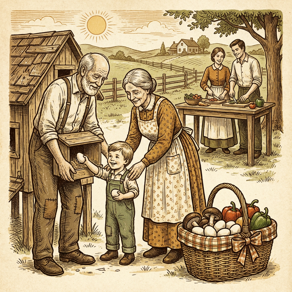 Grandparents teaching grandchild to gather eggs at a chicken coop — vintage illustration