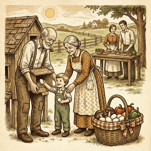 Grandparents teaching grandchild to gather eggs at a chicken coop — vintage illustration