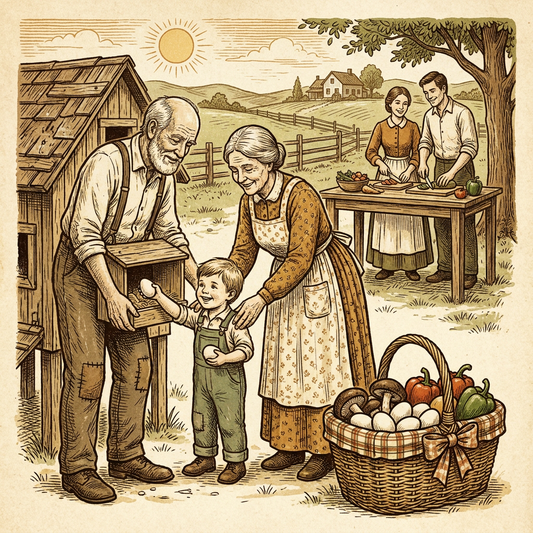 Grandparents teaching grandchild to gather eggs at a chicken coop — vintage illustration