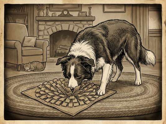 Dog working snuffle mat — vintage illustration