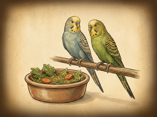 Budgies eating natural diet — vintage illustration