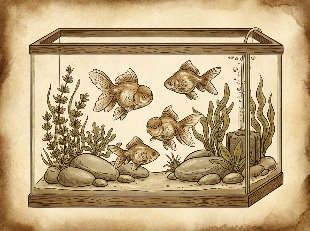 Fancy goldfish in large filtered aquarium — vintage illustration