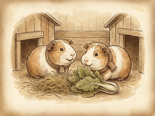 Two guinea pigs with fresh hay and vegetables — vintage illustration