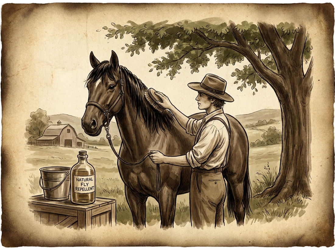 Horse being groomed with natural fly spray — vintage illustration