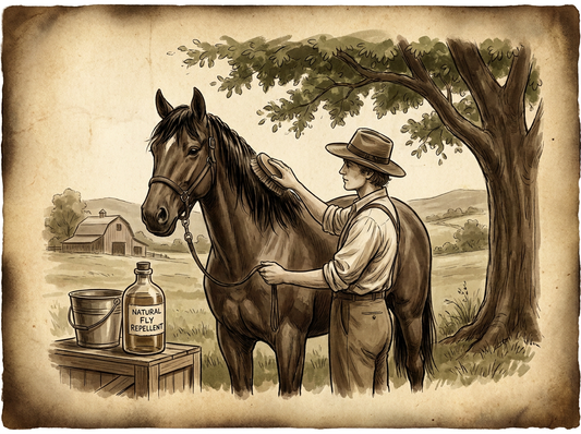 Horse being groomed with natural fly spray — vintage illustration