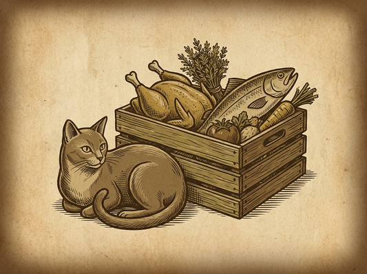 Healthy cat beside species-appropriate natural foods — vintage illustration