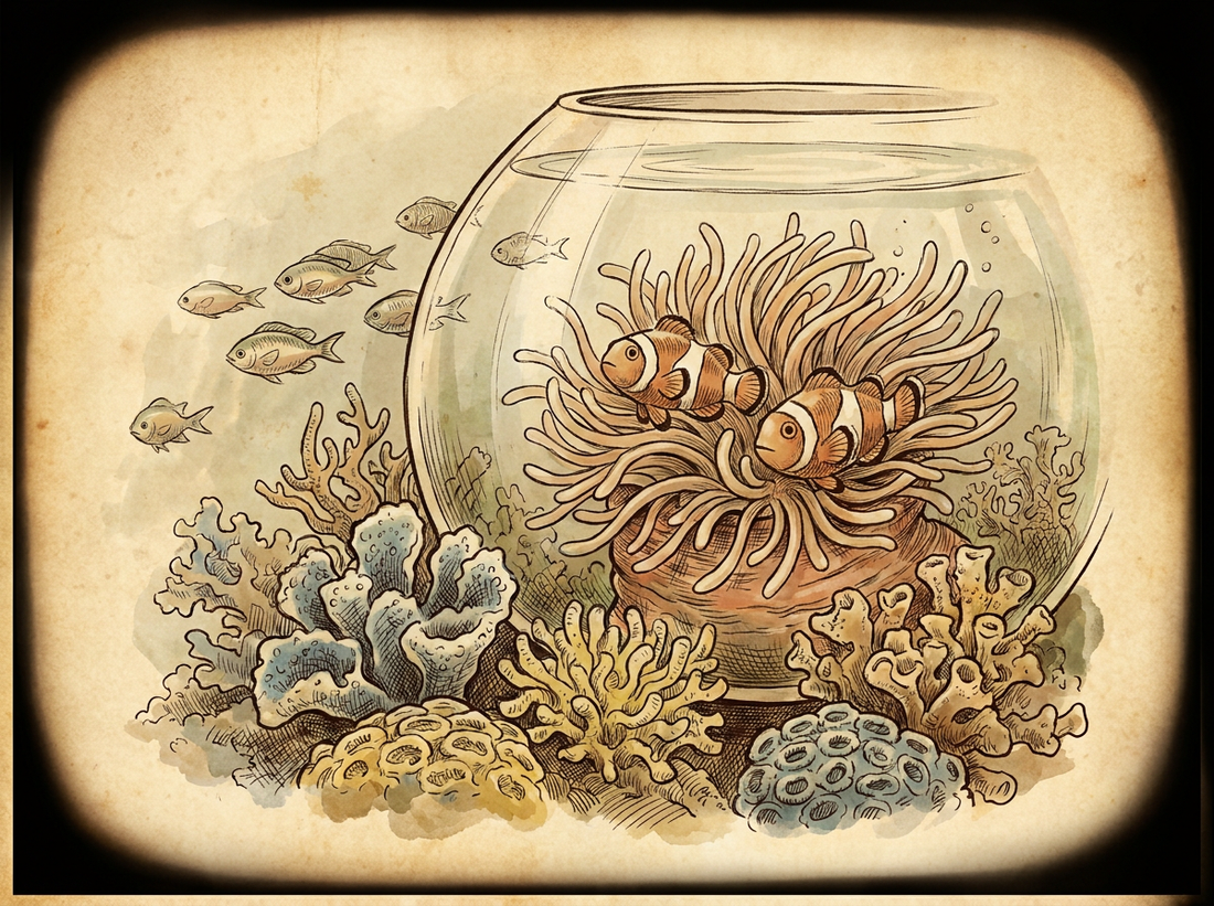 Reef tank with clownfish and corals — vintage illustration