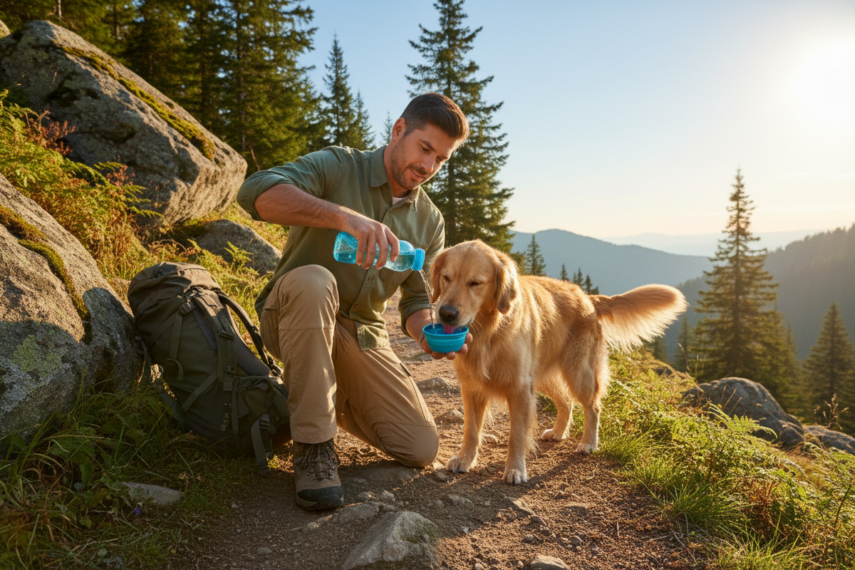 Pet Adventure Gear essentials including portable water bottles, collapsible bowls, storage bags, and running harnesses for active outdoor pets