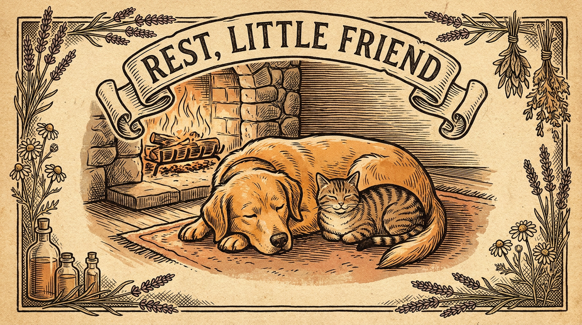 Vintage woodcut of a calm dog and cat by a stone fireplace — Calming & Stress Relief