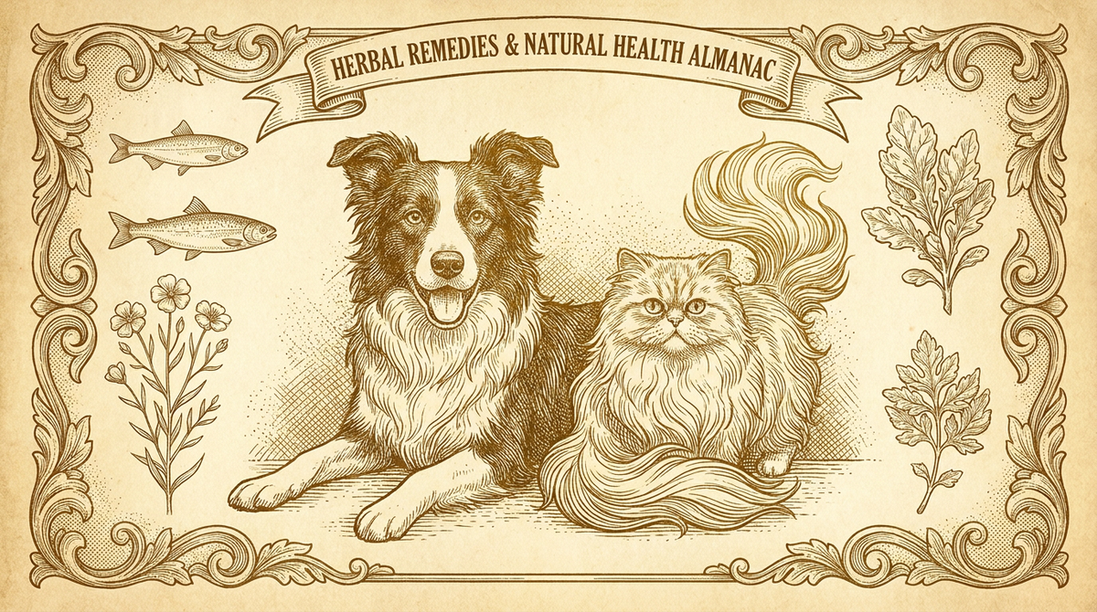 Vintage etching of a border collie and persian cat with botanical omega-3 specimens — Skin & Coat