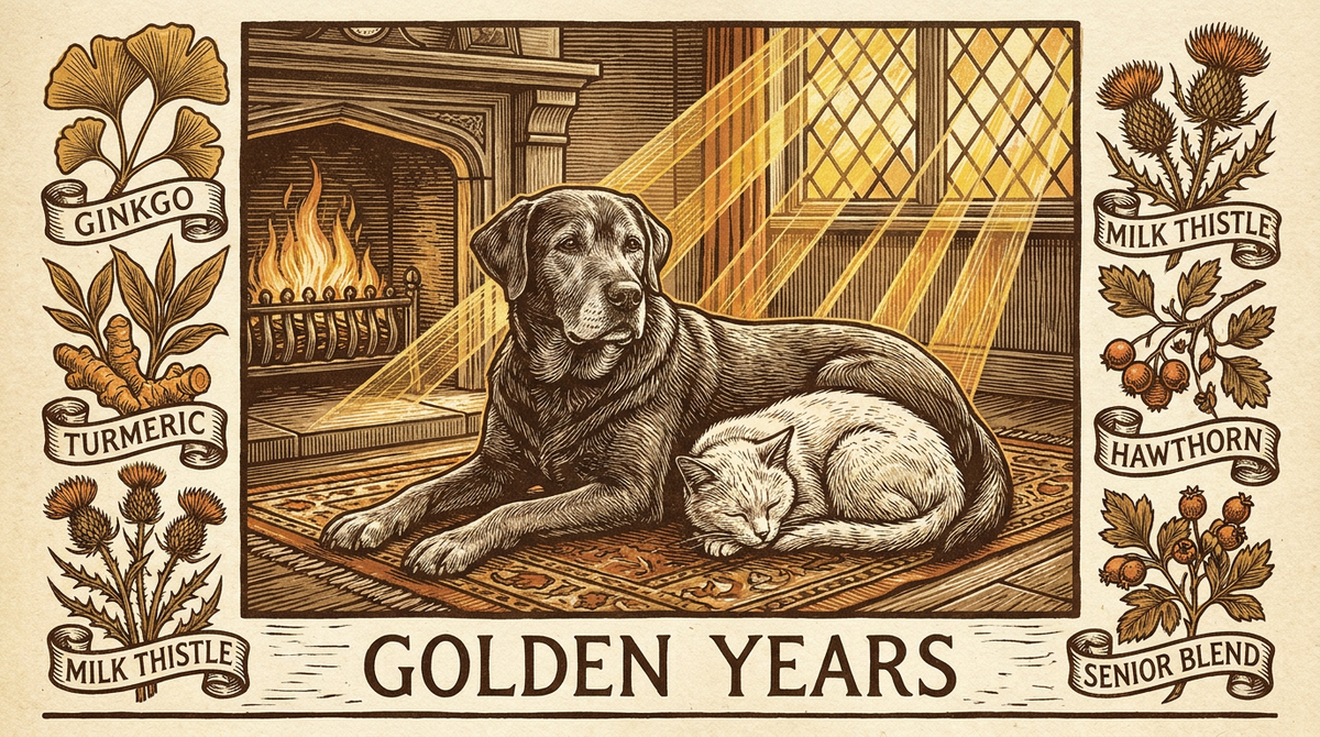 Vintage woodcut of a gray-muzzled dog and white senior cat in golden autumn light — Senior Pet Support