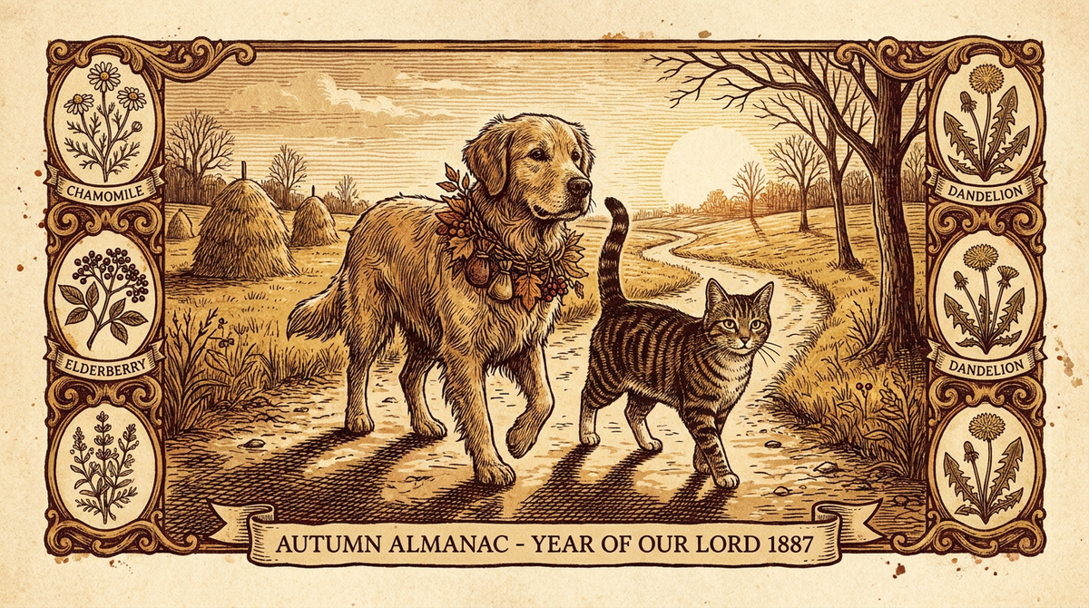 Vintage illustration of a dog and cat in an autumn meadow — Mobility & Joint Support