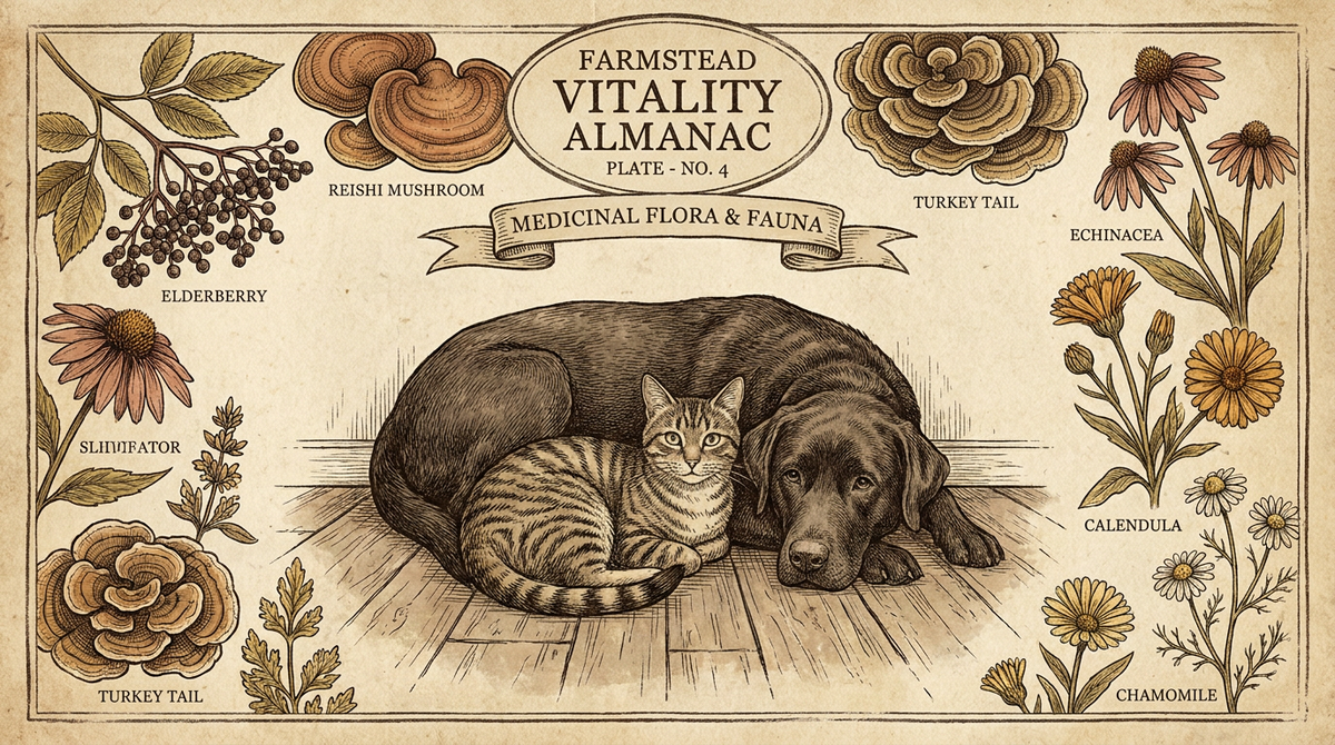 Vintage naturalist etching of a dog and cat surrounded by medicinal mushrooms — Immune Support