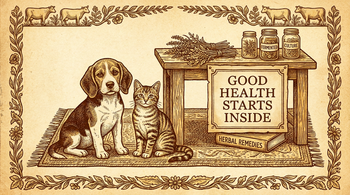 Vintage almanac illustration of a puppy and cat with botanical specimens — Digestive Health